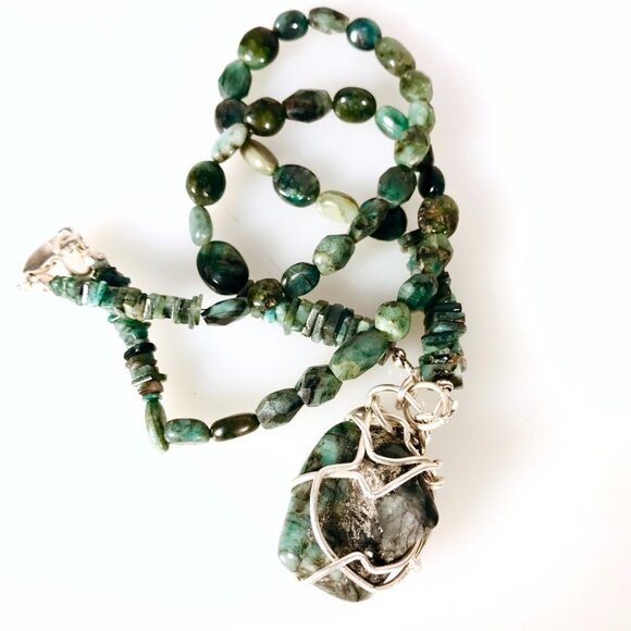 Genuine Emerald Gemstone Sterling Silver Necklace Pendant Wire Wrapped Natural - Picture 7 of 11